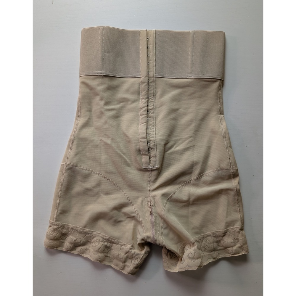 Womens High Waist Tummy Control Shapewear Shorts Beige Lace Trim Scrunch Butt L